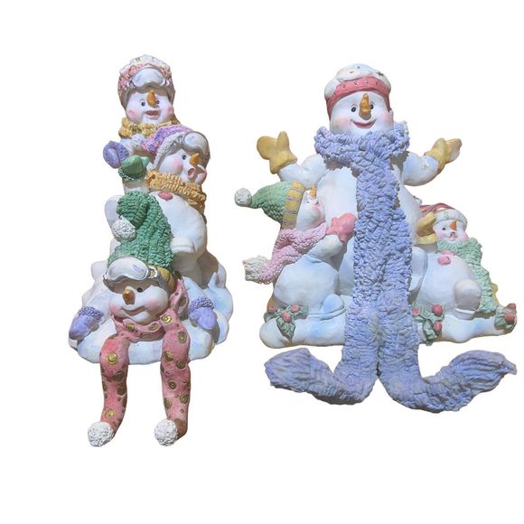 Christmas Winter Snowmen Playing Stocking Holders Hangers Mantel Decor Set Of 2